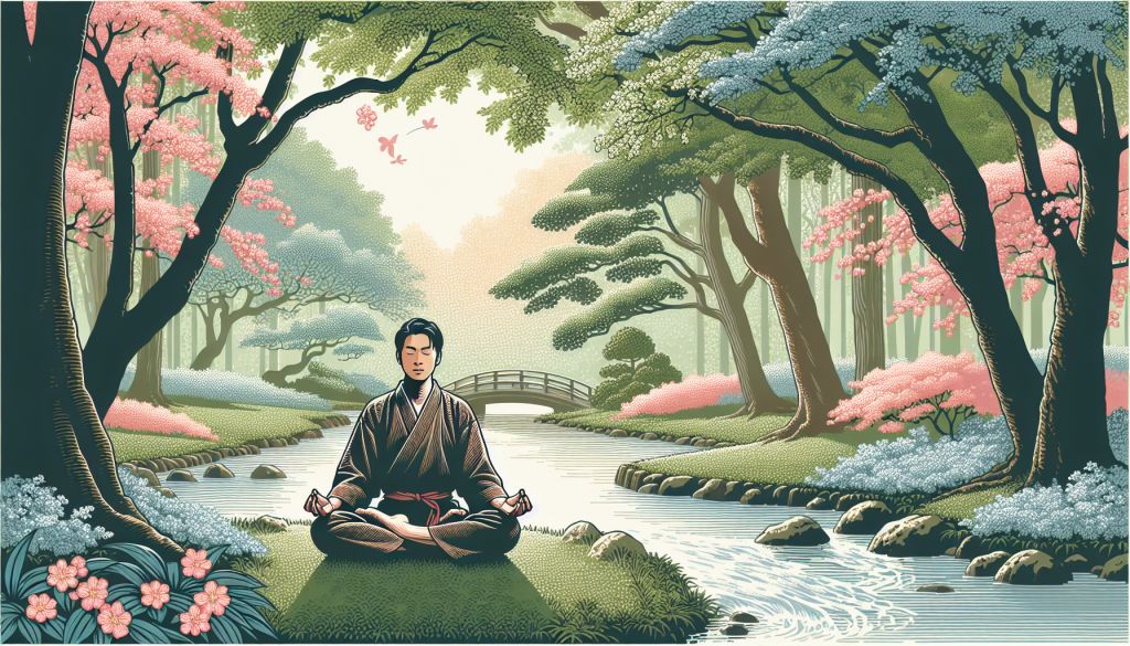 A peaceful scene of a person meditating in a park