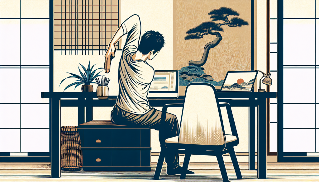 A person doing shoulder stretches at a desk